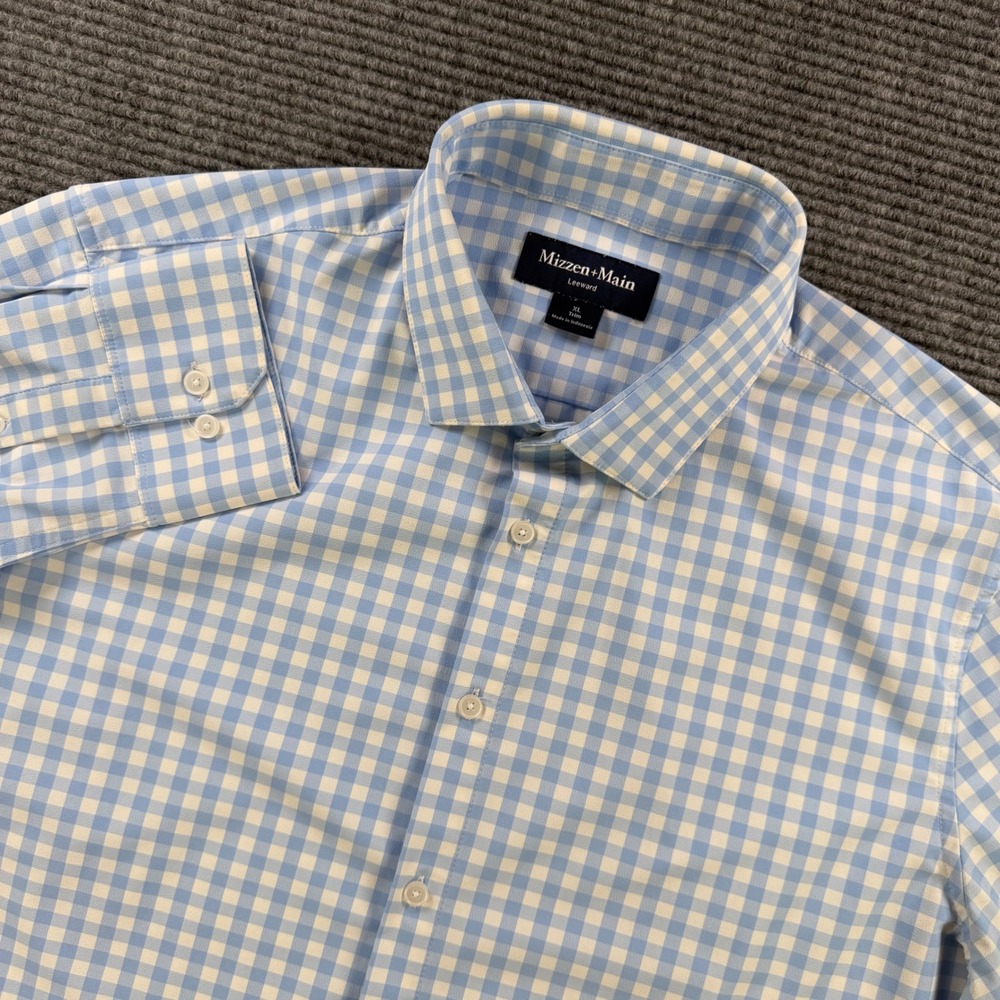 Mizzen+Main‎ Leeward Dress Shirt Mens XL Trim Blue Gingham Performance Stretch